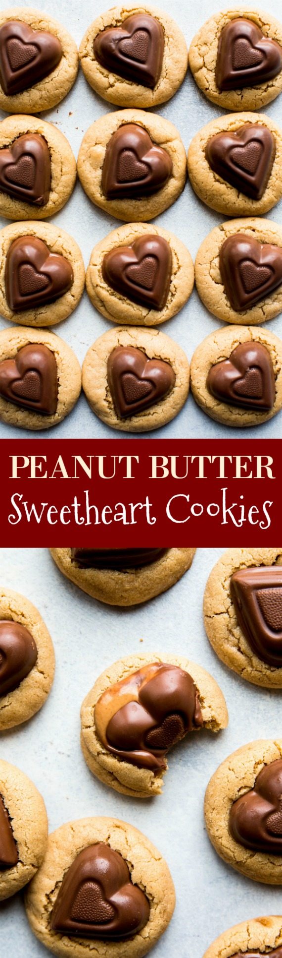 Biscuits doux de beurre d’arachide avec des bonbons de coeur de valentine! Recette sur sallysbakingaddiction.com