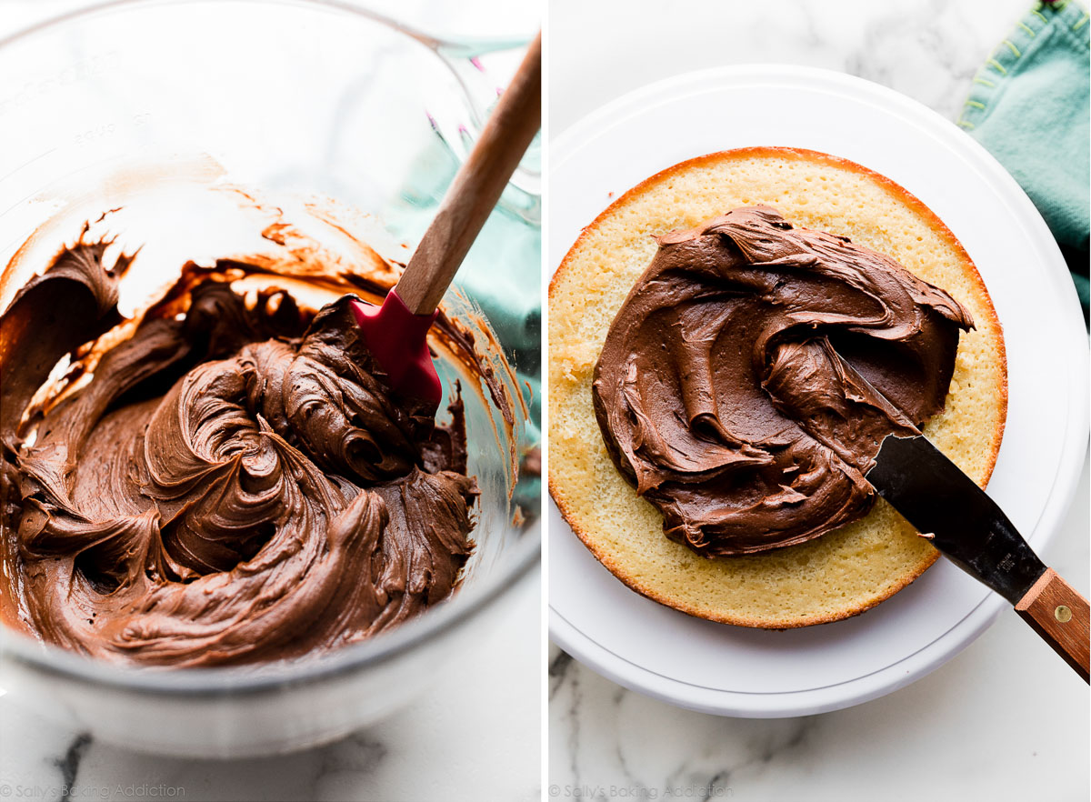 glaçage au chocolat dans un bol et sur un gâteau