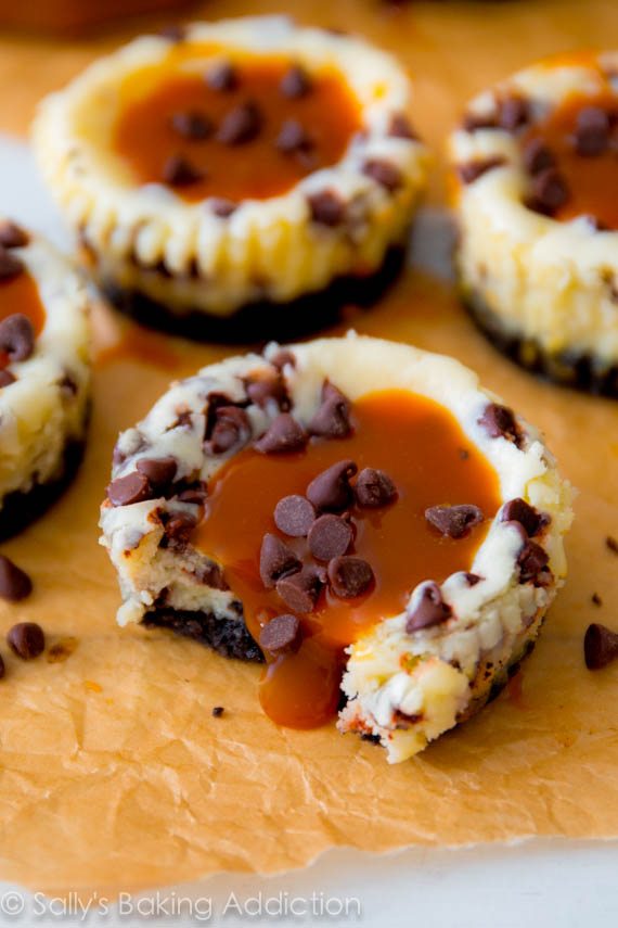 Mini gâteaux au fromage aux pépites de chocolat avec une croûte de biscuits Oreo et du caramel salé maison. sallysbakingaddiction.com