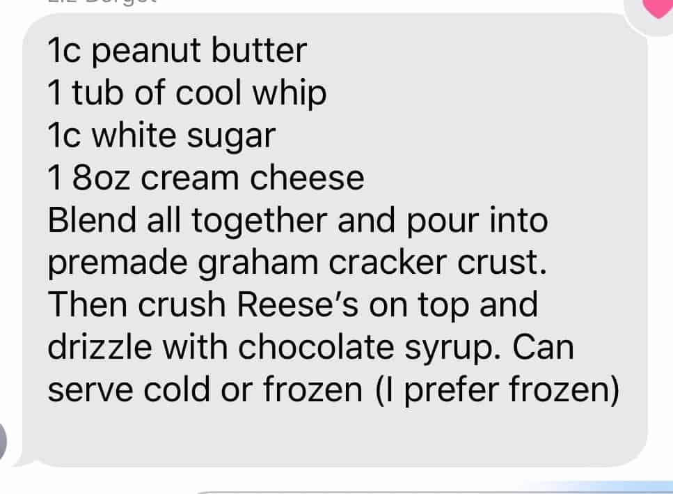 Recette de tarte au beurre d’arachide dans un message texte.