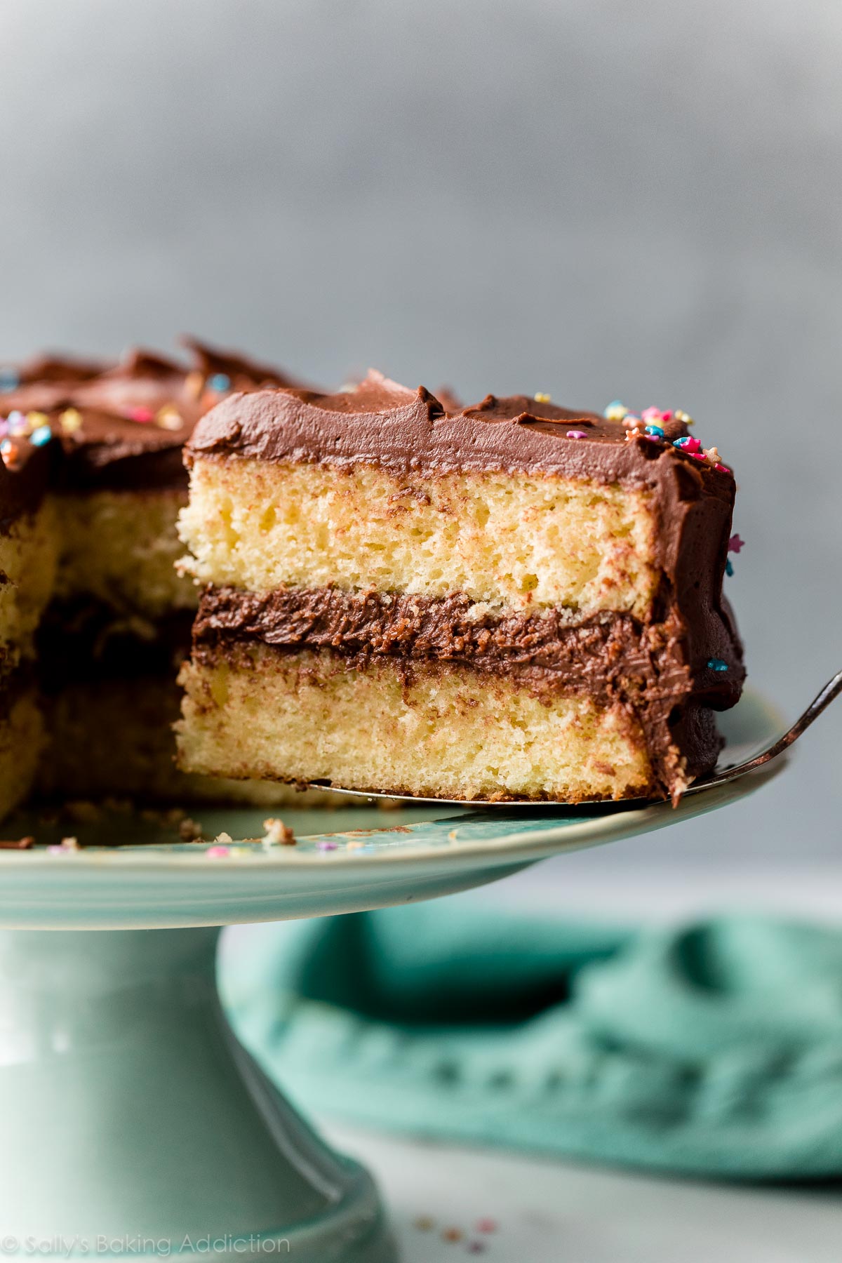 gâteau jaune de couche avec le glaçage de chocolat