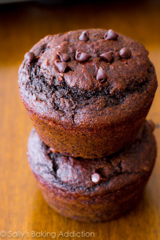 Vous ne réaliserez pas que ces muffins au chocolat double sont allégés et faibles en gras! Recette de muffins santé facile sur sallysbakingaddiction.com