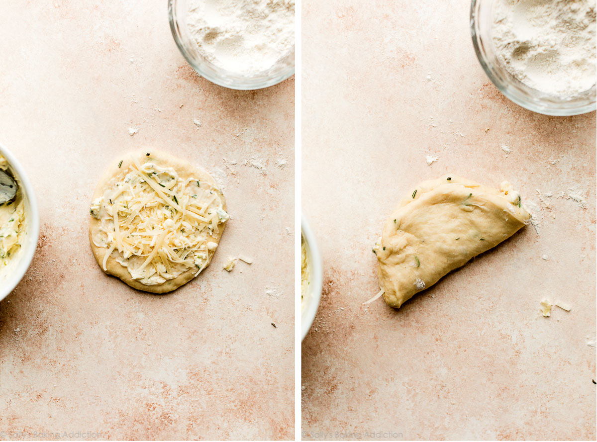 photo côte à côte de la garniture au beurre et au fromage sur la pâte puis la pâte repliée