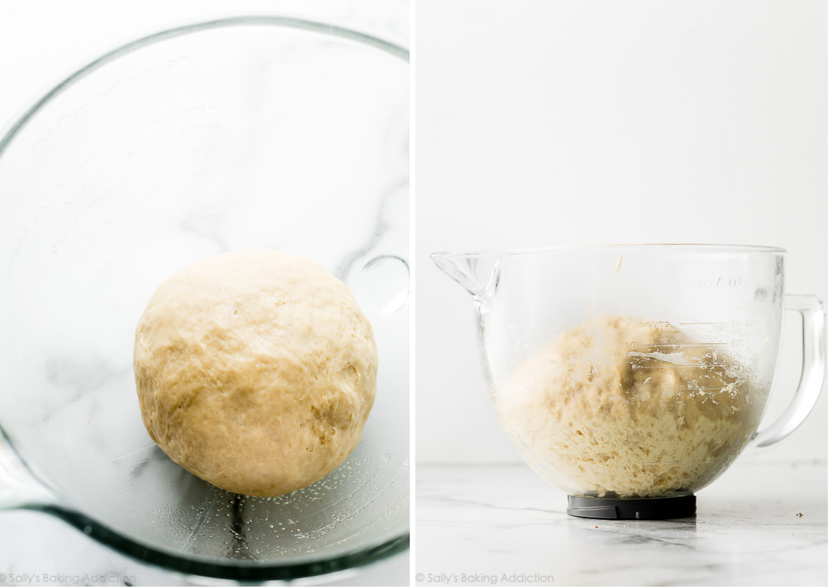 pâte à pain avant et après le lever sur des photos côte à côte