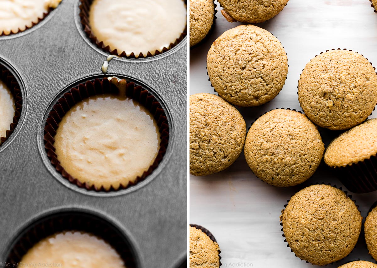 deux photos côte à côte de cupcakes aromatisés Baileys avant et après la cuisson