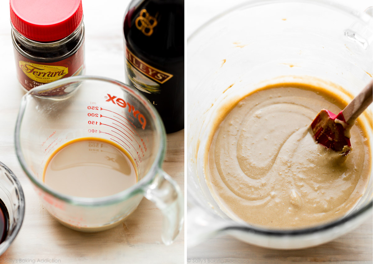 photos de la crème irlandaise Baileys dans une tasse à mesurer liquide avec une photo côte à côte de la pâte à cupcake Baileys