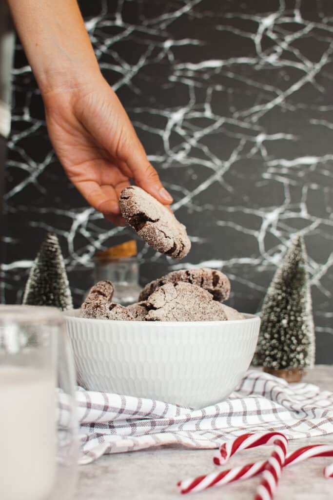 Main tenant des cookies au chocolat vegan avec un bol blanc