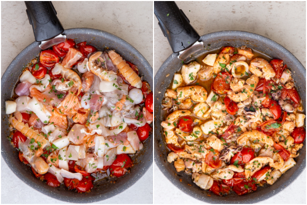Ajouter les fruits de mer dans la casserole avant et après la cuisson.