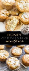 Sans gluten et sans sucre raffiné, ces muffins au miel, aux amandes et aux poires sont remplis d'ingrédients sains et constituent la collation ou le petit-déjeuner parfait pour vos déplacements!