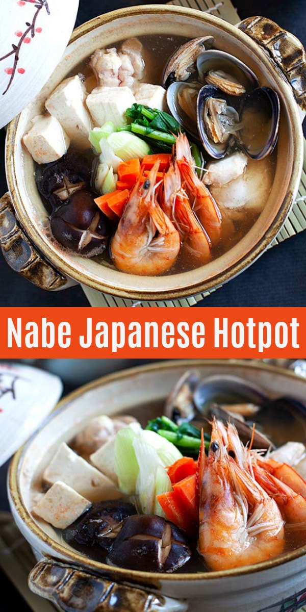 Nabe ou nabemono est un hot pot japonais.  Il s'agit d'une recette classique de Yosenabe à base de poulet, fruits de mer, tofu, légumes dans un bouillon dashi.