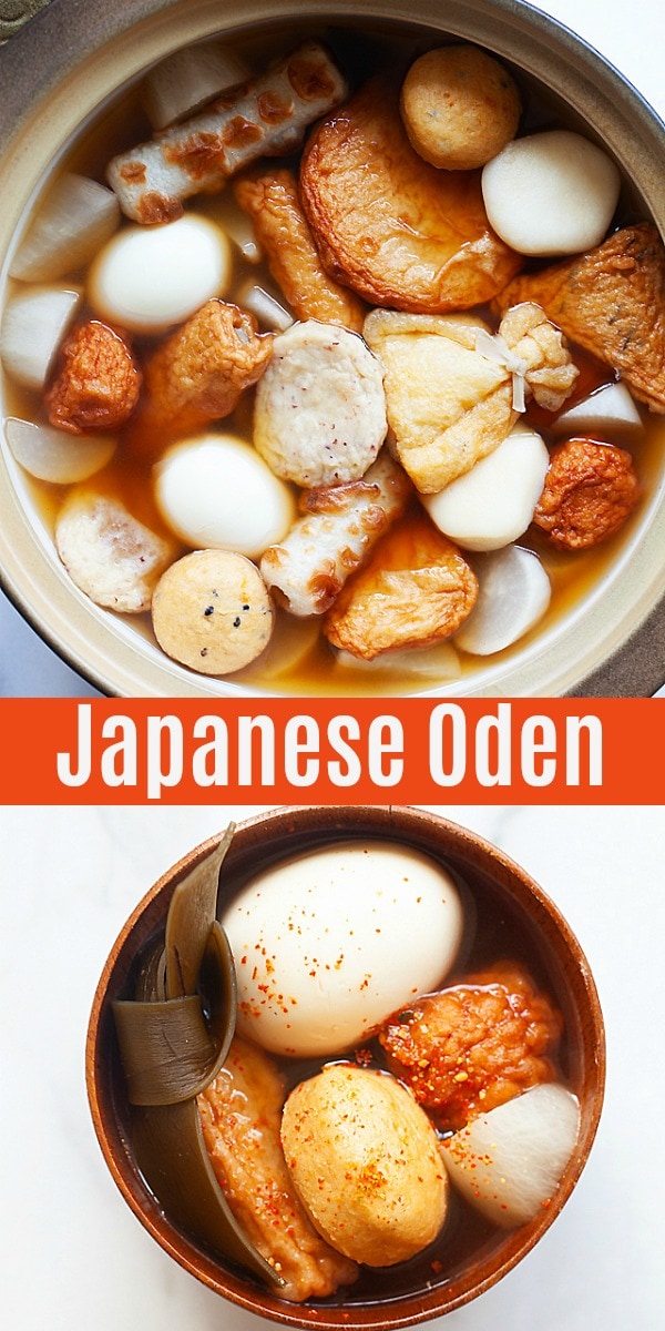Oden est un ragoût japonais à base d'œufs durs, de daikon, de galettes de poisson et de soupe dashi comme ingrédients.  Facile et l'une des meilleures recettes oden avec dashi maison.