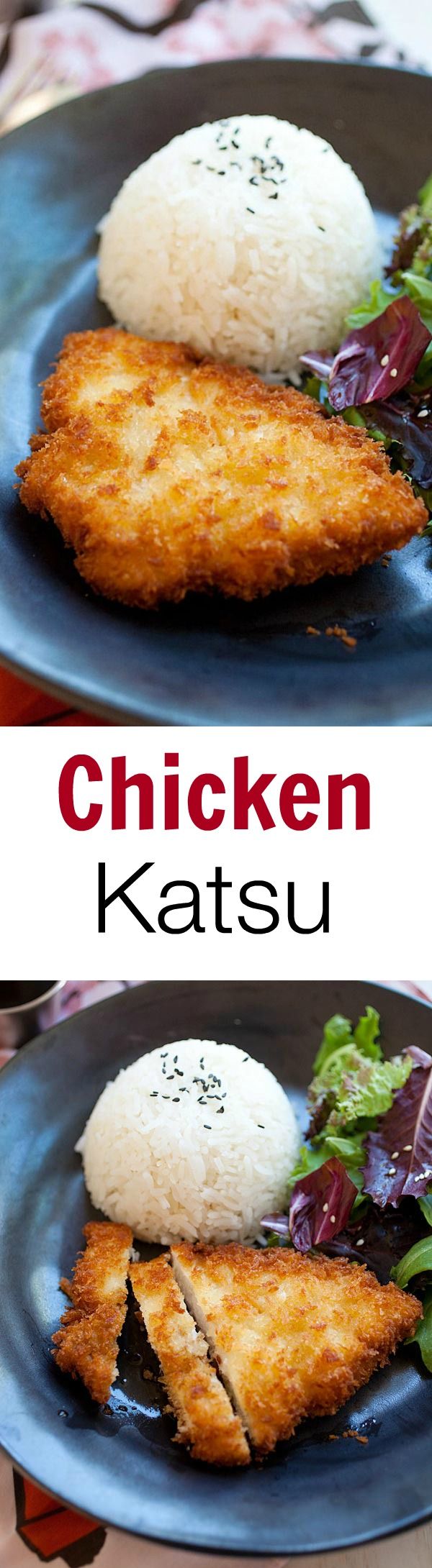 Chicken Katsu est une escalope de poulet frite japonaise avec de la chapelure / panko.  Recette de poulet katsu facile, servie avec sauce tonkatsu |  rasamalaysia.com