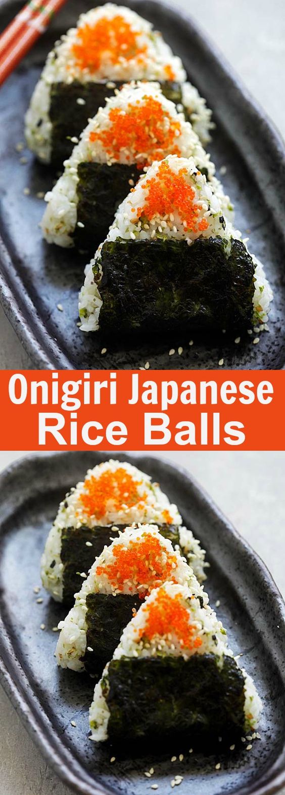 Onigiri - Boulettes de riz japonais faciles et délicieuses en forme de triangles et enveloppées d'algues.  Garni d'œufs de poisson.  Tellement bon |  rasamalaysia.com