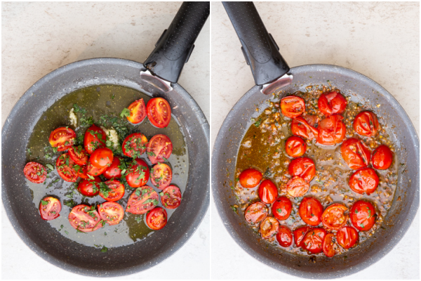 L'huile, l'ail et les tomates dans la poêle avant et après la cuisson.