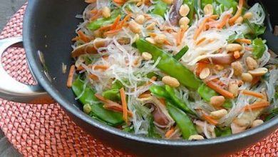 Photo of Nouilles asiatiques au gingembre avec pois mange-tout et champignons shiitake