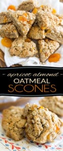 Non seulement ces scones à l'avoine, aux abricots et aux amandes sont absolument délicieux, mais ils sont également très bons pour vous.  Et contrairement à ce que vous pourriez penser, ils ne prennent vraiment pas du tout de temps à fabriquer non plus!  Ils sont parfaits pour le petit-déjeuner ou pour une collation rapide!