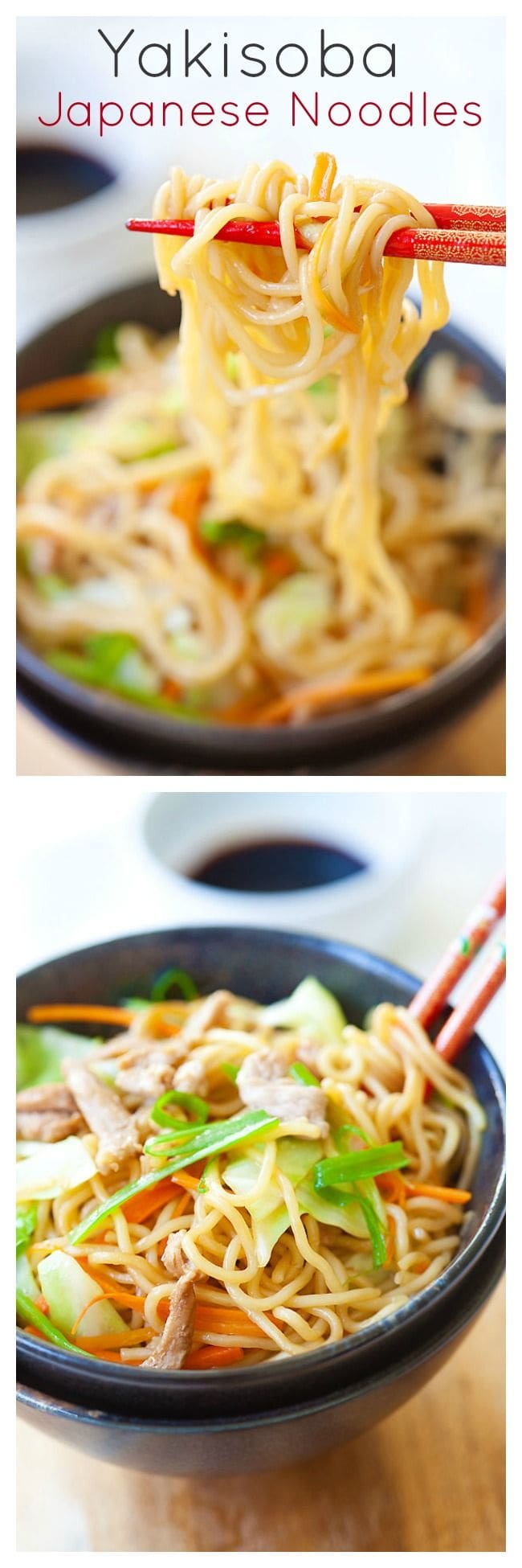 Le yakisoba ou nouilles sautées japonaises est un plat populaire.  Inspirée des nouilles frites chinoises, cette recette de yakisoba est faite avec du chou, des carottes et du porc |  rasamalaysia.com