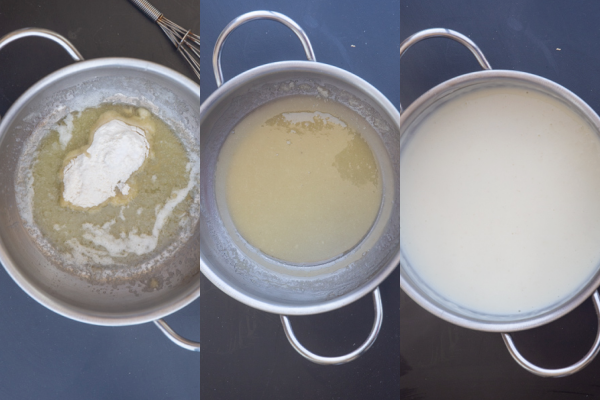 beurre et farine dans la casserole, mélangés jusqu'à ce que la sauce blanche lisse et épaisse dans la casserole.