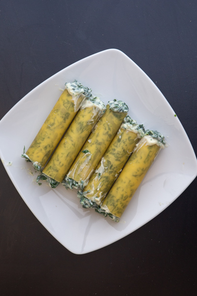 les cannellonis sur une assiette blanche farcis avant la cuisson.