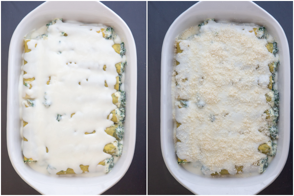 La sauce blanche et le parmesan sur le dessus des cannellonis avant cuisson.