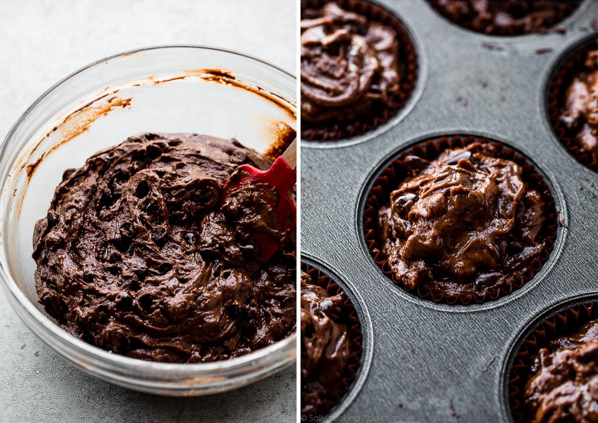 pâte à muffins au chocolat dans un bol et dans un moule à muffins