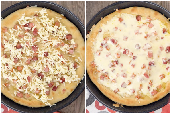 pizza blanche avec du fromage avant et après fondu.