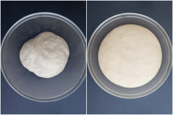 Pâte dans un bol en verre avant et après le lever.