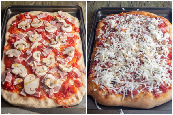 Garnitures de pizza ajoutées, pizza cuite au four avec du fromage râpé sur le dessus avant de fondre.