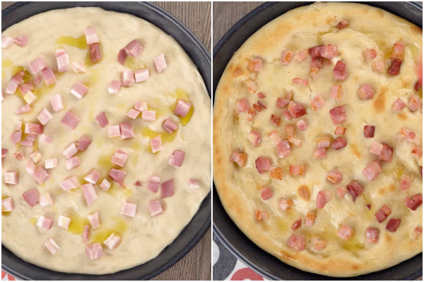 Pizza avant et après cuisson avec de l'huile et de la pancetta.