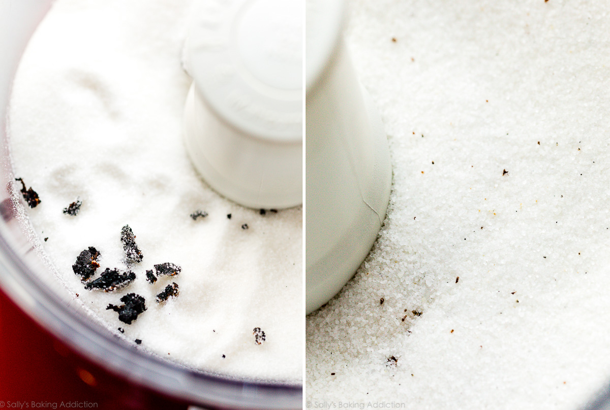 gousses de vanille et sucre dans un robot culinaire