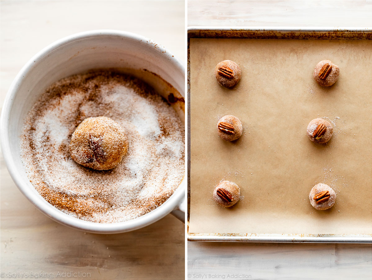 boules de pâte à biscuits snickerdoodle enrobées de sucre à la cannelle et sur une plaque à pâtisserie