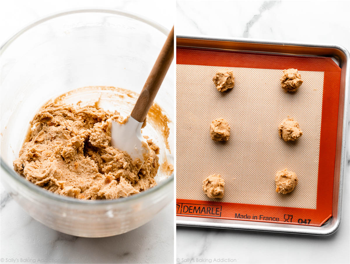 pâte à biscuits au beurre d'arachide avec des arachides dans un bol et déposée sur une plaque à pâtisserie tapissée