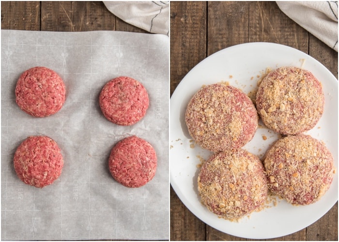 Les hamburgers sont préparés et recouverts de chapelure.