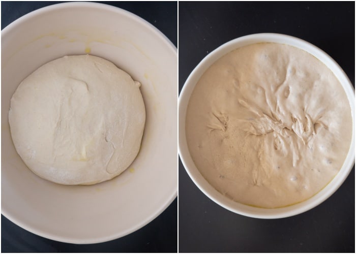 La pâte dans le bol avant et après au réfrigérateur.