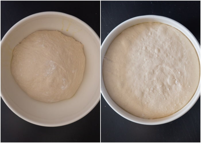 La pâte roulée et levée avant après dans un bol blanc.
