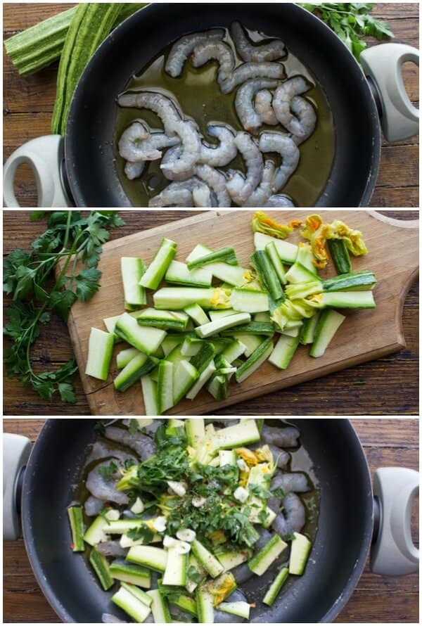 Comment faire des pâtes aux crevettes et courgettes avant et après la fabrication.