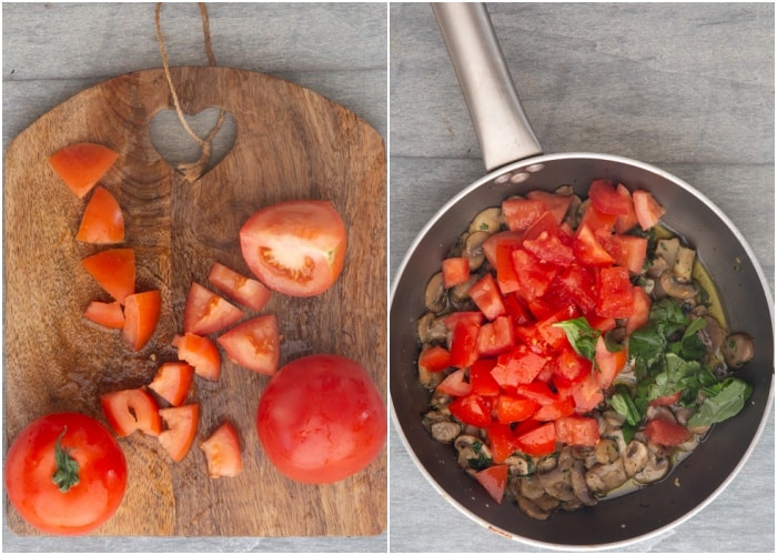 Tomates hachées et avec les champignons dans la poêle.